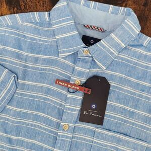 NWT Ben‎ Sherman Mens SS Button Front Linen Rayon Blue w/ White Stripes Small